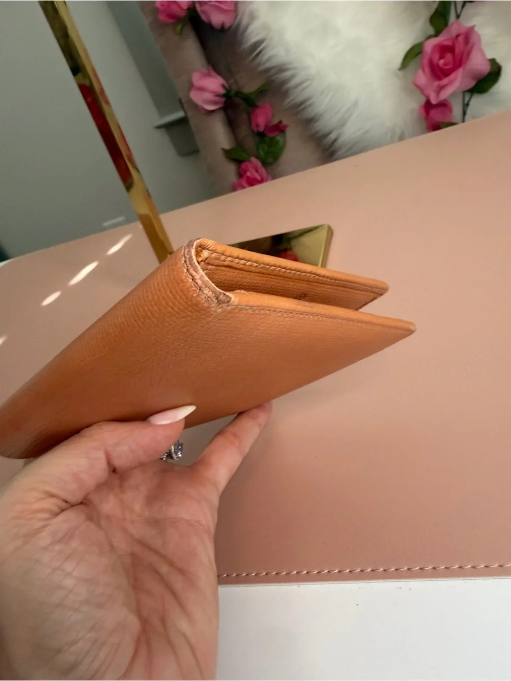 Chanel Vintage Caviar Leather CC Button Bifold Wallet Metallic Pink Salmon Peach